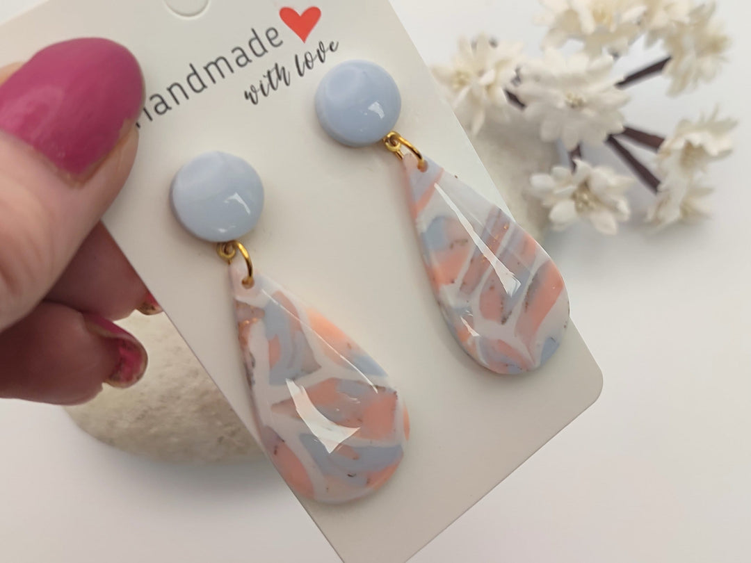 Pink Blue Marbled Dangle Earrings UK, Faux Gem Stone Jewellery, Polymer Clay Statement Earrings, Handmade