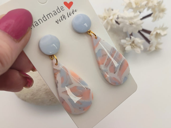 Pink Blue Marbled Dangle Earrings UK, Faux Gem Stone Jewellery, Polymer Clay Statement Earrings, Handmade