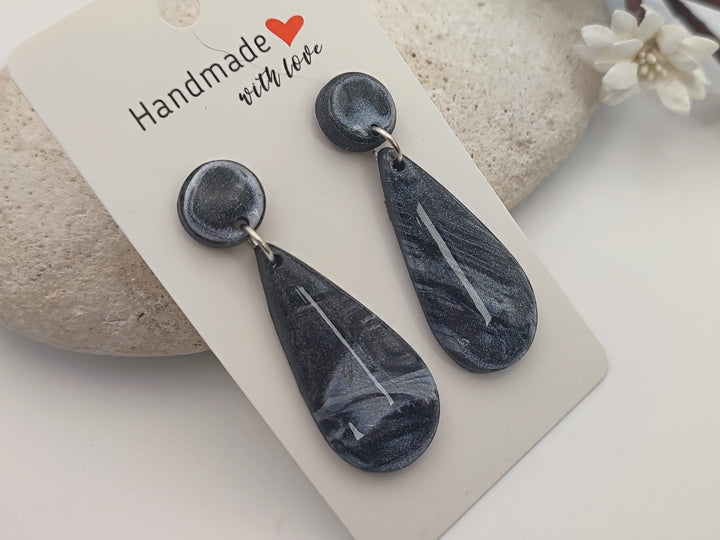 Black and Silver Teardrop Dangle Earrings UK, Black Jewellery, Polymer Clay Statement Earrings, Handmade Artisan Earrings