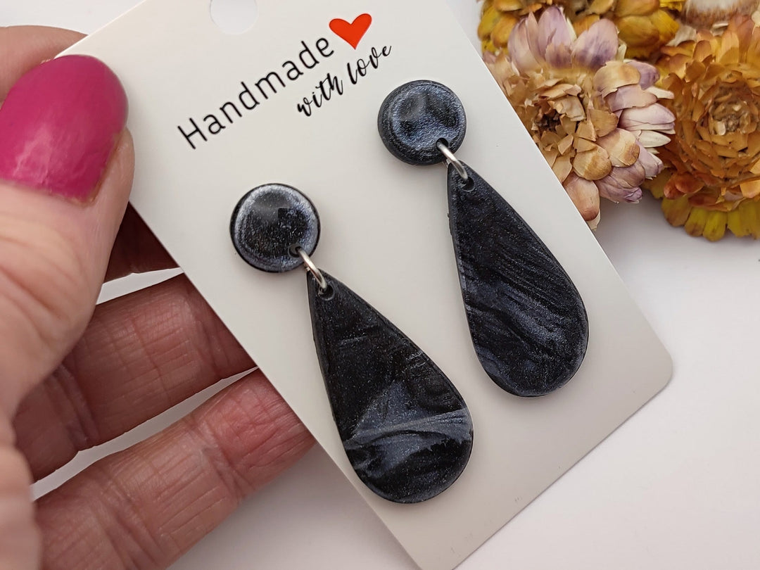 Black and Silver Teardrop Dangle Earrings UK, Black Jewellery, Polymer Clay Statement Earrings, Handmade Artisan Earrings