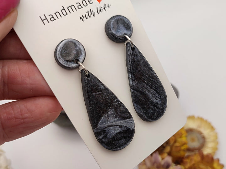 Black and Silver Teardrop Dangle Earrings UK, Black Jewellery, Polymer Clay Statement Earrings, Handmade Artisan Earrings