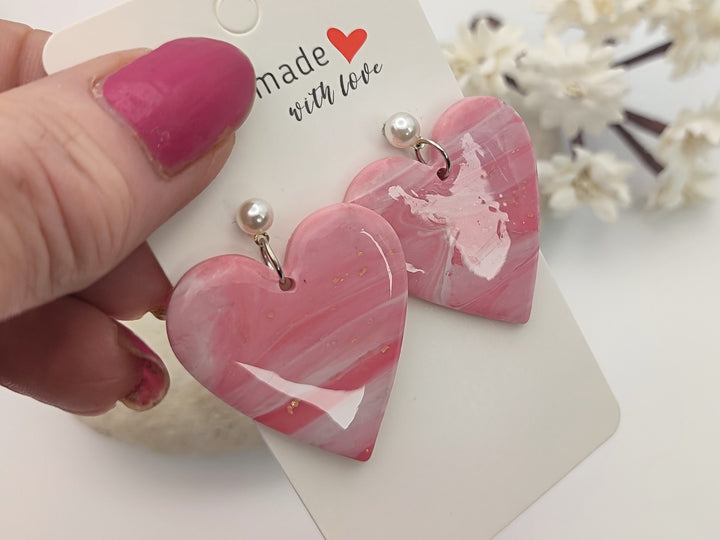 Pink Heart Polymer Clay Earrings, Handmade Lightweight Earring Dangle, Heart Shaped Earrings, Cute Jewellery, Unique Gift, Bridal Jewellery