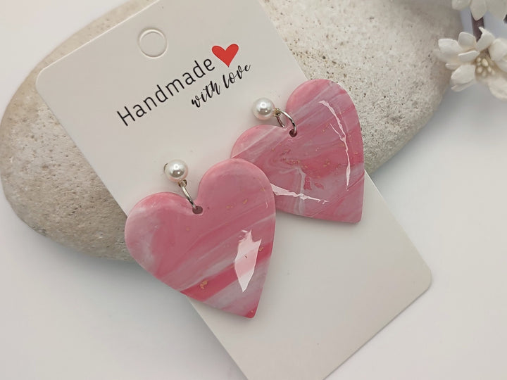 Pink Heart Polymer Clay Earrings, Handmade Lightweight Earring Dangle, Heart Shaped Earrings, Cute Jewellery, Unique Gift, Bridal Jewellery