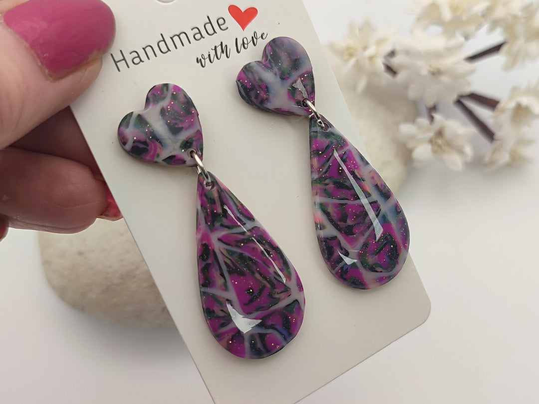 Handmade Teardrop Earrings in Purple and Black, Lightweight Polymer Clay Earrings for Women, Elegant Design Earrings, Unique Earrings