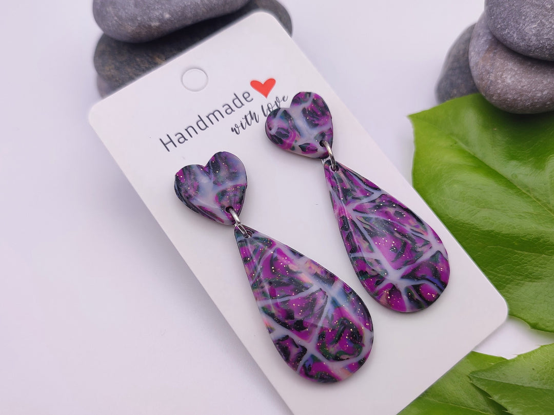 Handmade Teardrop Earrings in Purple and Black, Lightweight Polymer Clay Earrings for Women, Elegant Design Earrings, Unique Earrings