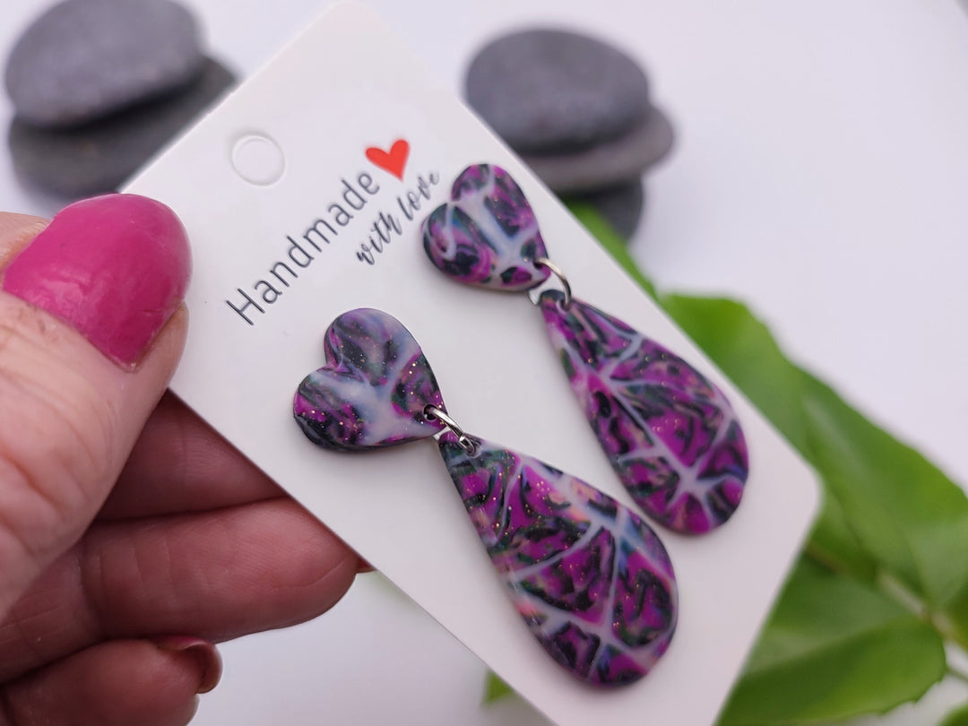 Handmade Teardrop Earrings in Purple and Black, Lightweight Polymer Clay Earrings for Women, Elegant Design Earrings, Unique Earrings