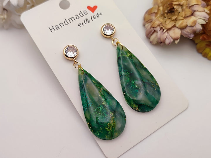 Green Faux Gemstone Dangle Drop Earrings, Polymer Clay Statement Earrings, Handmade Earrings Statement Jewellery