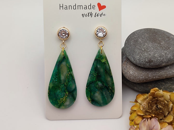 Green Faux Gemstone Dangle Drop Earrings, Polymer Clay Statement Earrings, Handmade Earrings Statement Jewellery