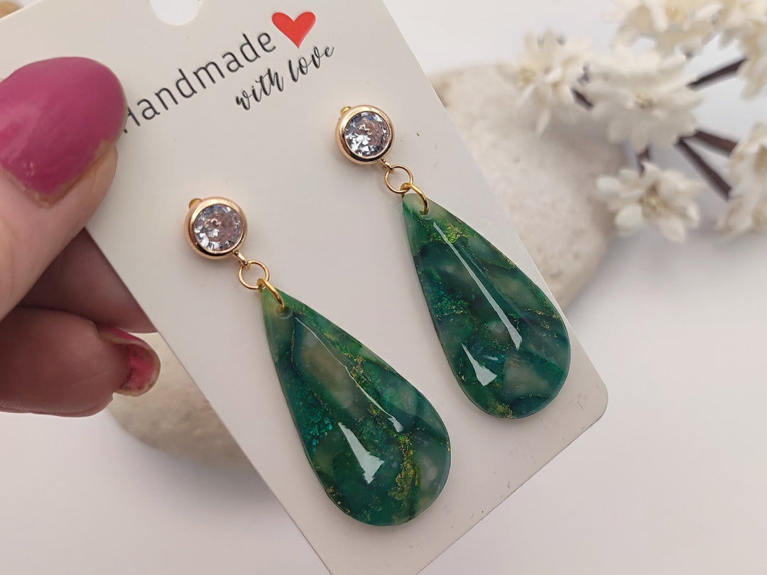 Green Faux Gemstone Dangle Drop Earrings, Polymer Clay Statement Earrings, Handmade Earrings Statement Jewellery