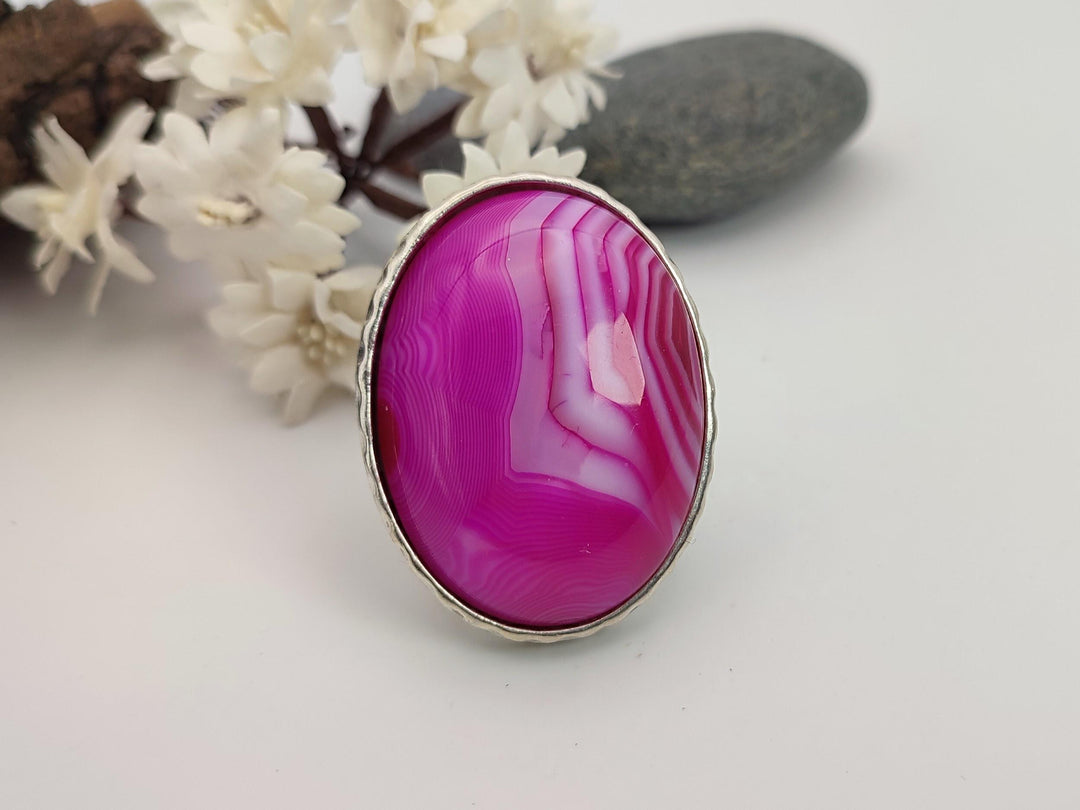 Pink Agate ring, Large pink adjustable statement ring, Chunky wide band ring