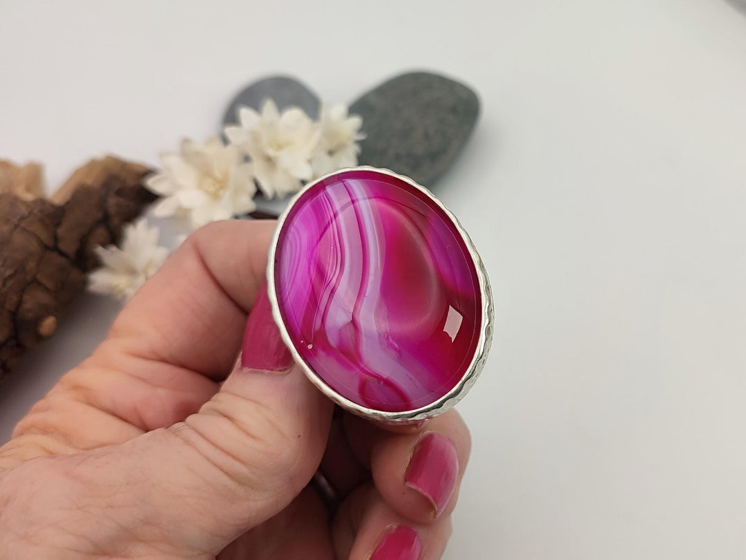 Statement Agate adjustable ring, Large pink stone ring, Chunky wide band ring