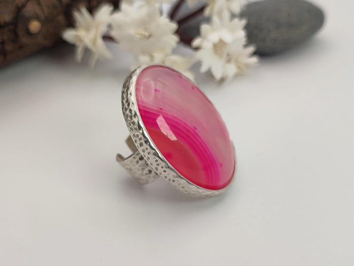 Unique Agate ring, Large pink stone statement ring, Adjustable wide band ring