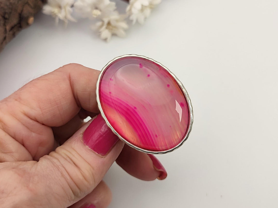 Unique Agate ring, Large pink stone statement ring, Adjustable wide band ring