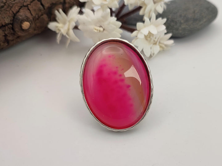 Unique pink Agate statement ring, Large pink adjustable ring, Chunky wide band ring