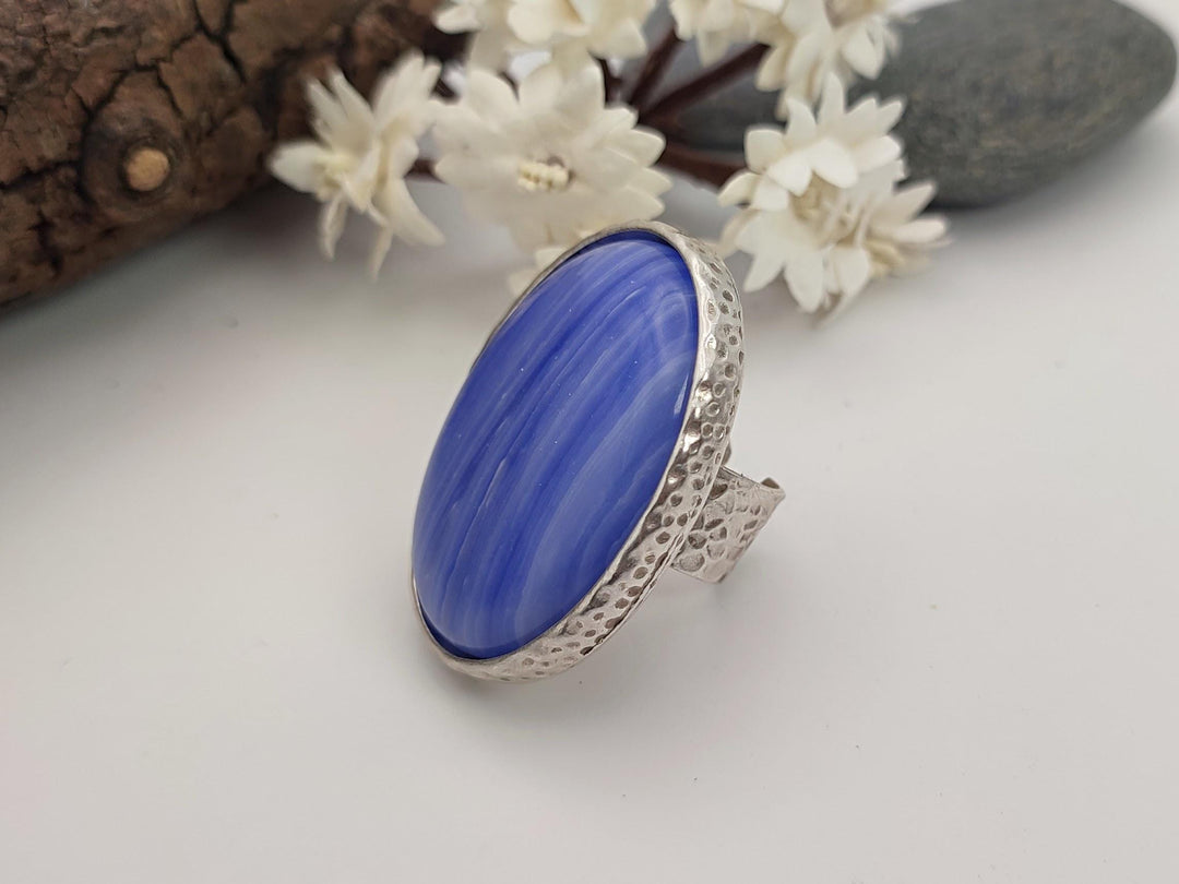 Adjustable ring with blue stone, Large blue statement ring, Chunky ring