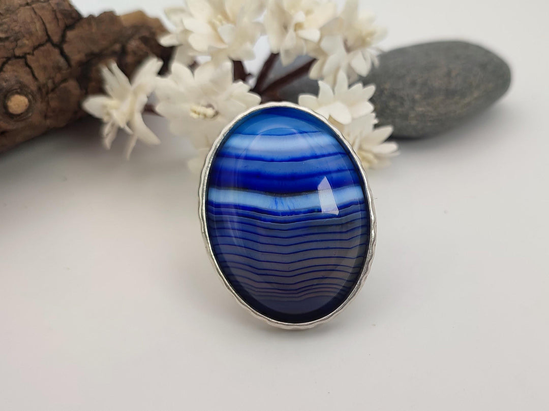 Agate ring, Blue statement ring, Gemstone adjustable ring, Chunky stone ring