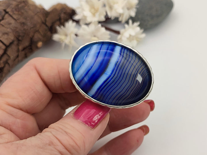 Agate ring, Blue statement ring, Gemstone adjustable ring, Chunky stone ring