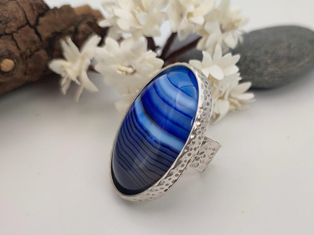 Agate ring, Blue statement ring, Gemstone adjustable ring, Chunky stone ring