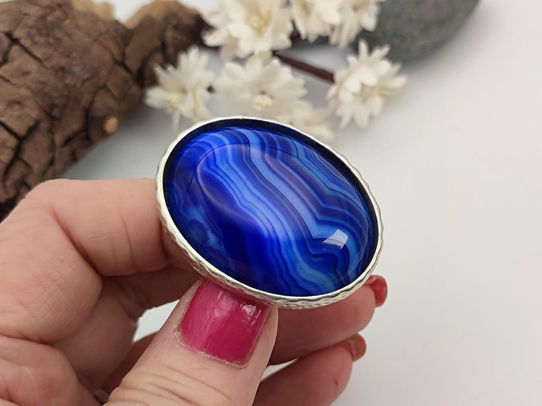 Blue gemstone adjustable statement ring, Agate ring, Wide band chunky ring