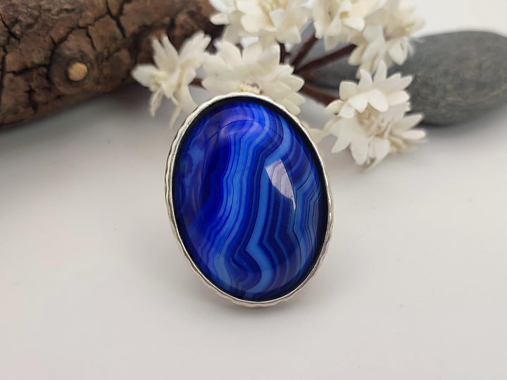 Blue gemstone adjustable statement ring, Agate ring, Wide band chunky ring