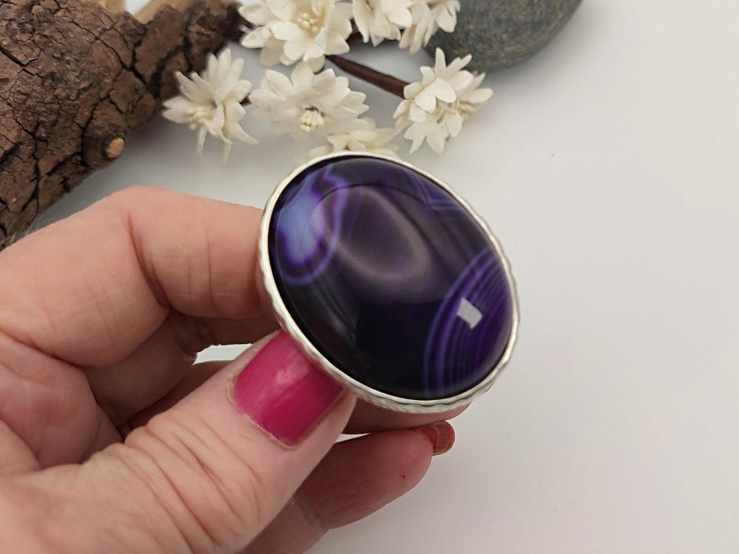 Statement ring, Purple Agate adjustable antique silver ring, Large unique gemstone ring