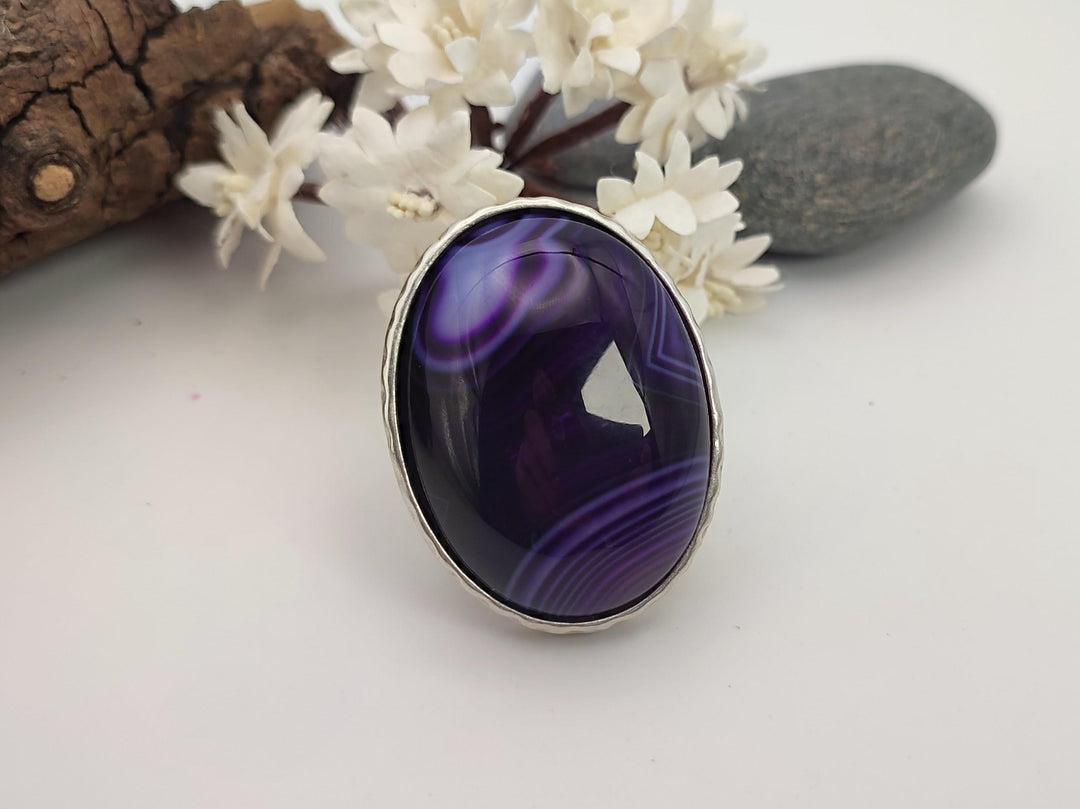 Statement ring, Purple Agate adjustable antique silver ring, Large unique gemstone ring