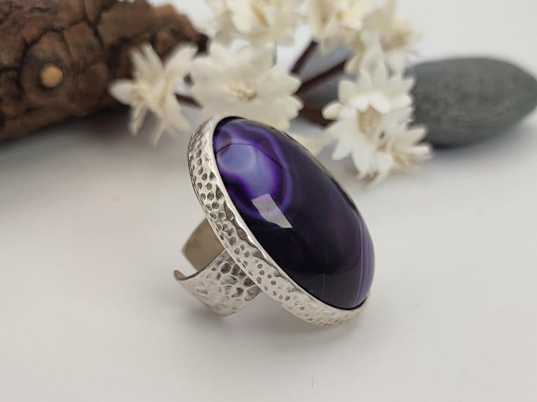 Statement ring, Purple Agate adjustable antique silver ring, Large unique gemstone ring