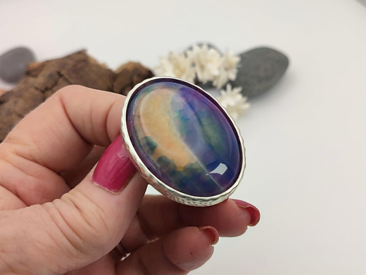 Agate statement ring, Large gemstone ring, Multicoloured natural stone ring, Adjustable ring