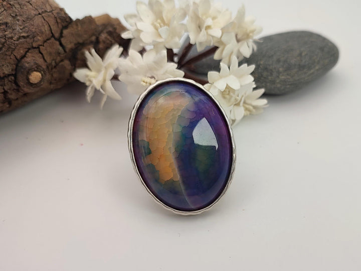 Agate statement ring, Large gemstone ring, Multicoloured natural stone ring, Adjustable ring