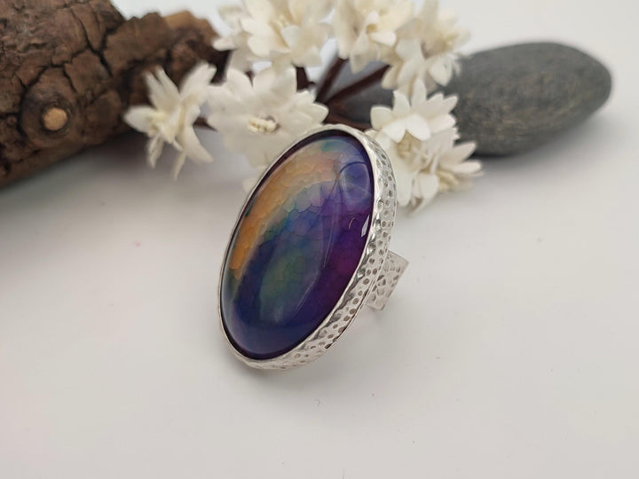 Agate statement ring, Large gemstone ring, Multicoloured natural stone ring, Adjustable ring