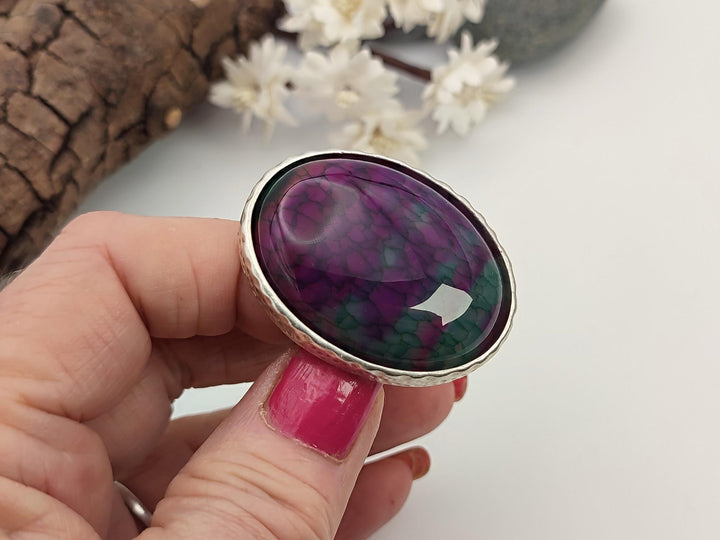 Unique purple and green veins Agate gemstone ring, Large green and purple statement ring, Adjustable ring, Chunky wide band ring