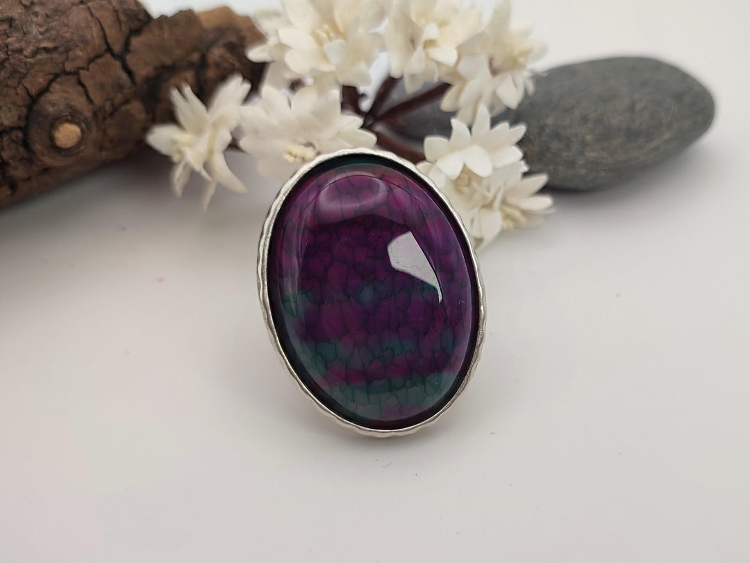 Unique purple and green veins Agate gemstone ring, Large green and purple statement ring, Adjustable ring, Chunky wide band ring