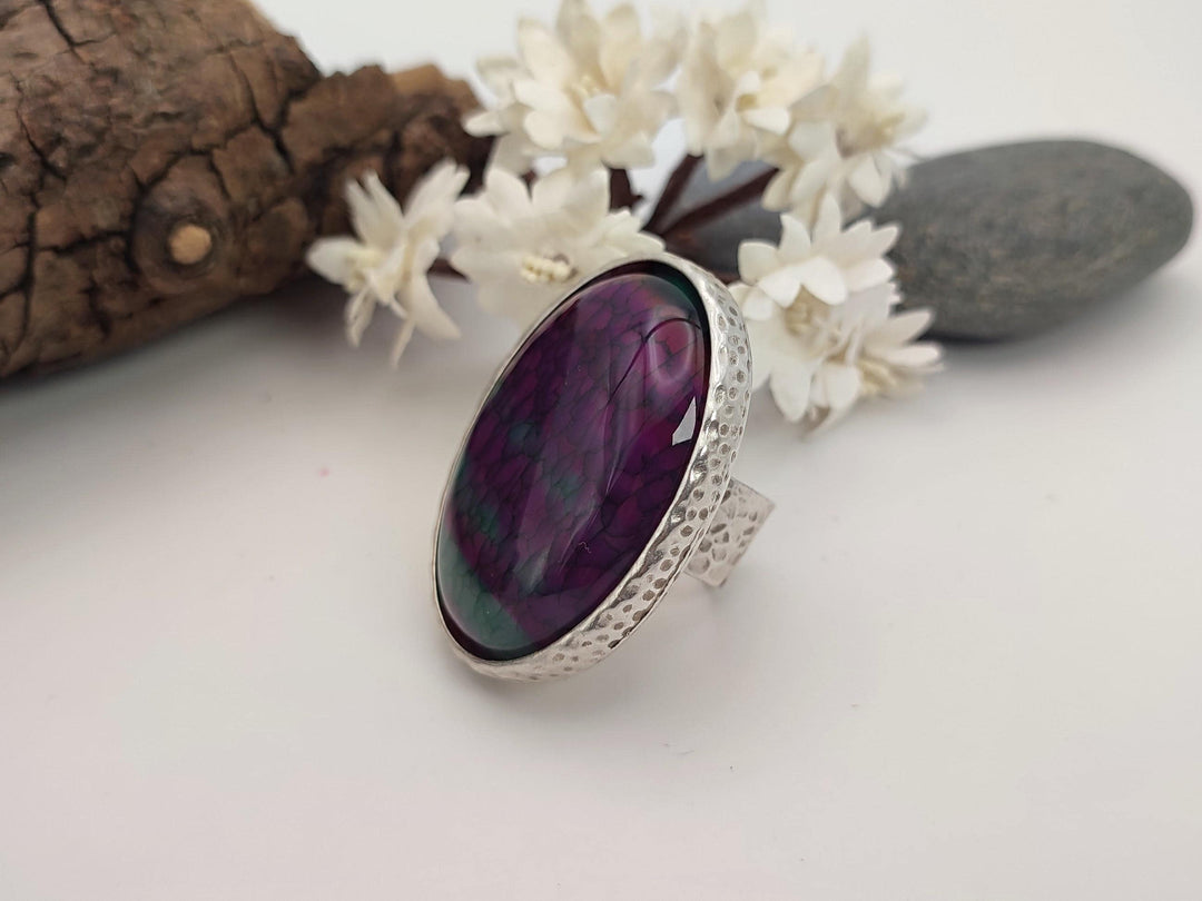 Unique purple and green veins Agate gemstone ring, Large green and purple statement ring, Adjustable ring, Chunky wide band ring