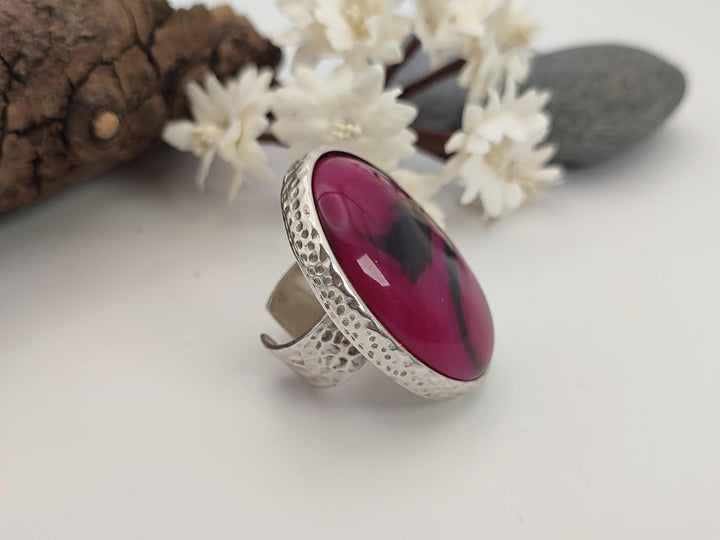 Raspberry pink and black Agate adjustable gemstone statement ring, Large bold chunky ring