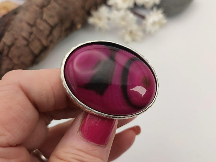 Raspberry pink and black Agate adjustable gemstone statement ring, Large bold chunky ring