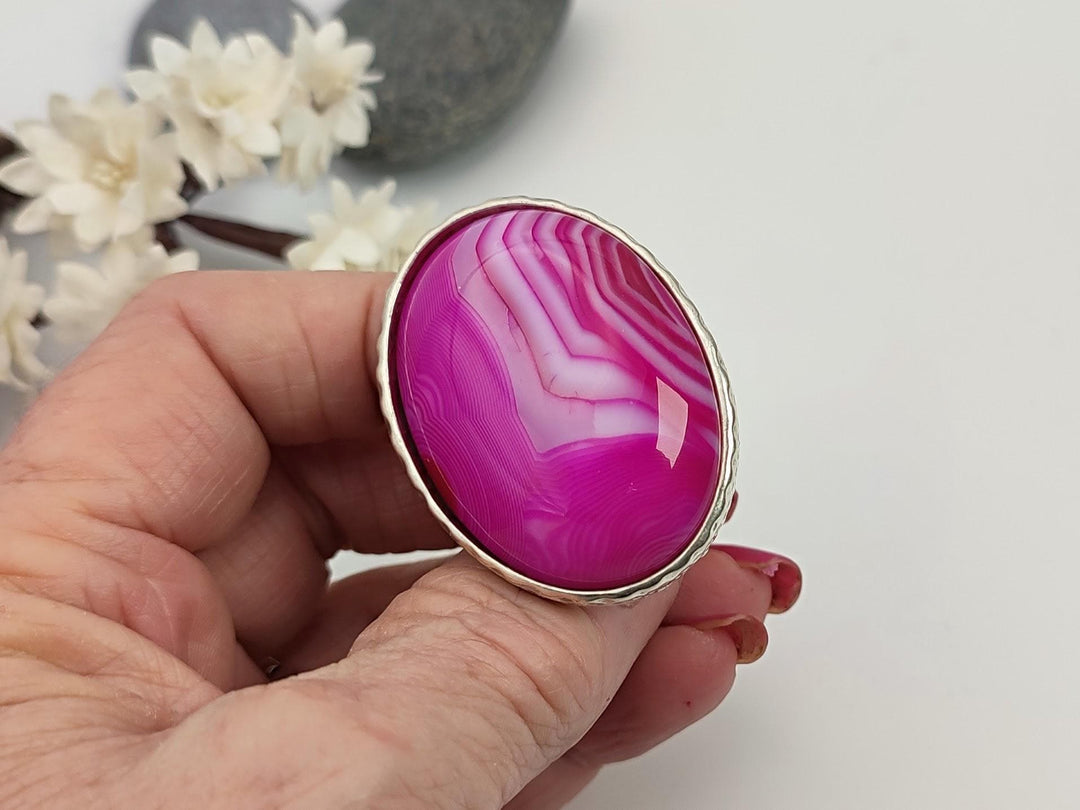 Pink Agate ring, Large pink adjustable statement ring, Chunky wide band ring