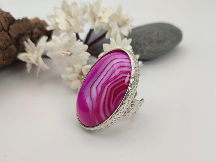 Pink Agate ring, Large pink adjustable statement ring, Chunky wide band ring