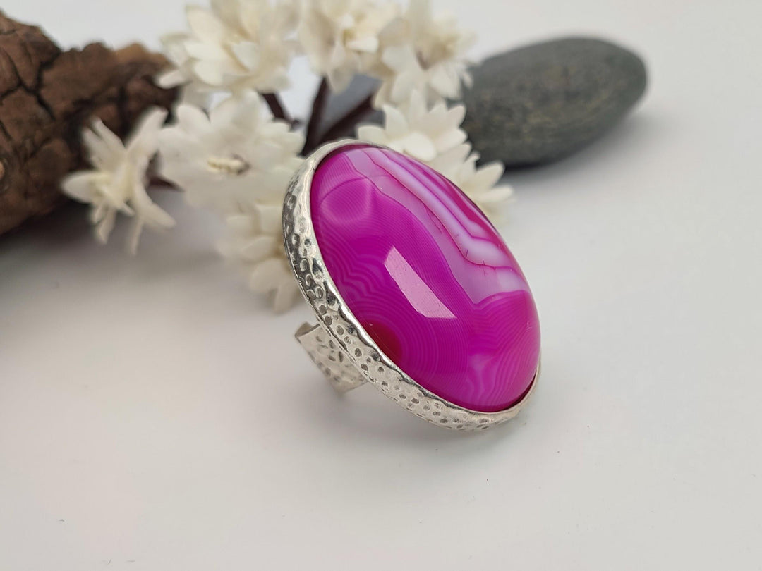 Pink Agate ring, Large pink adjustable statement ring, Chunky wide band ring