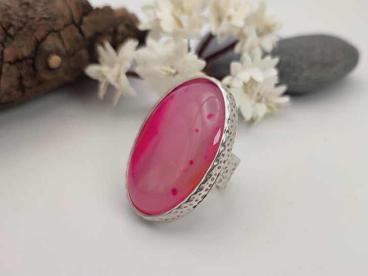 Unique Agate ring, Large pink stone statement ring, Adjustable wide band ring