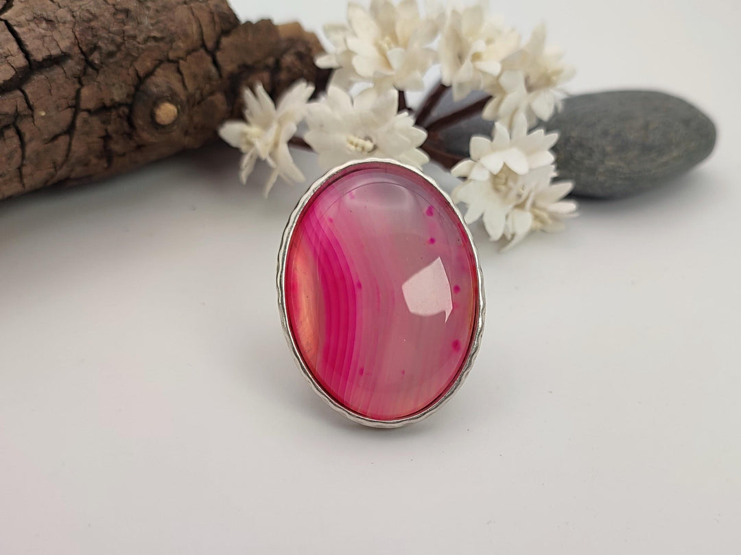 Unique Agate ring, Large pink stone statement ring, Adjustable wide band ring