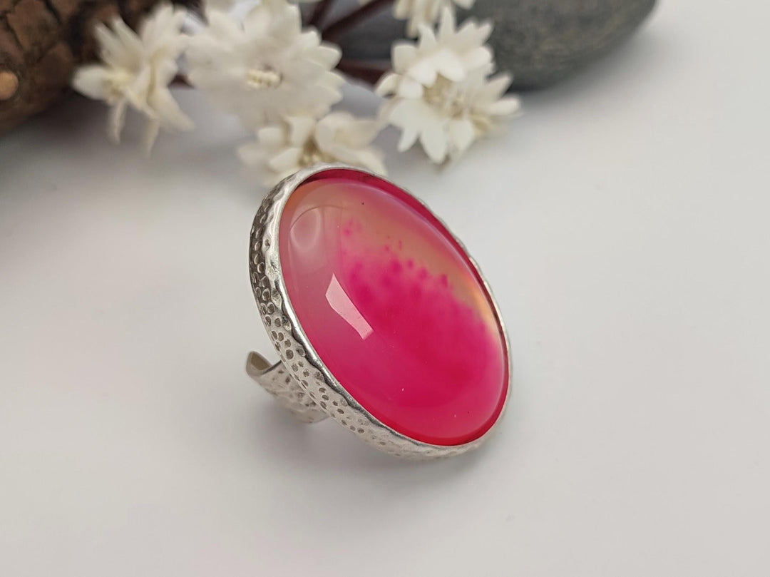 Unique pink Agate statement ring, Large pink adjustable ring, Chunky wide band ring