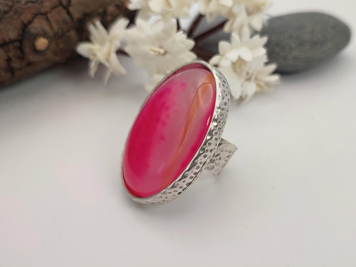 Unique pink Agate statement ring, Large pink adjustable ring, Chunky wide band ring