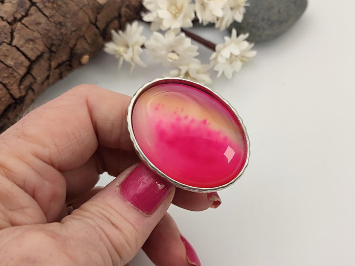 Unique pink Agate statement ring, Large pink adjustable ring, Chunky wide band ring