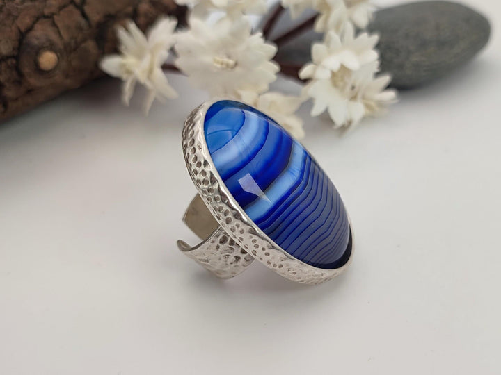 Agate ring, Blue statement ring, Gemstone adjustable ring, Chunky stone ring