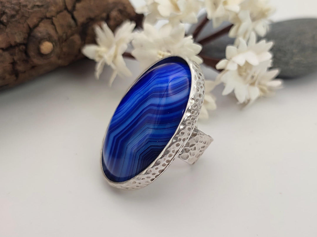 Blue gemstone adjustable statement ring, Agate ring, Wide band chunky ring