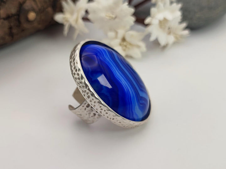 Blue gemstone adjustable statement ring, Agate ring, Wide band chunky ring