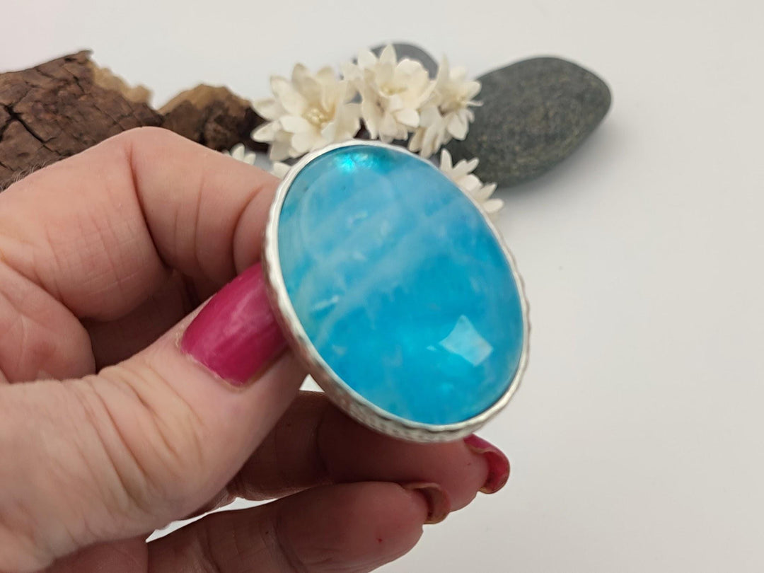 Turquoise quartz crystal statement ring, Adjustable gemstone ring, Big and bold oval ring,