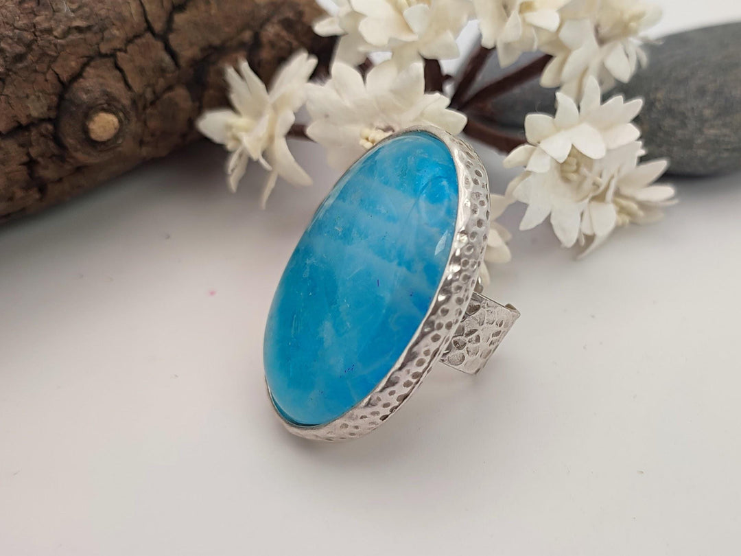 Turquoise quartz crystal statement ring, Adjustable gemstone ring, Big and bold oval ring,