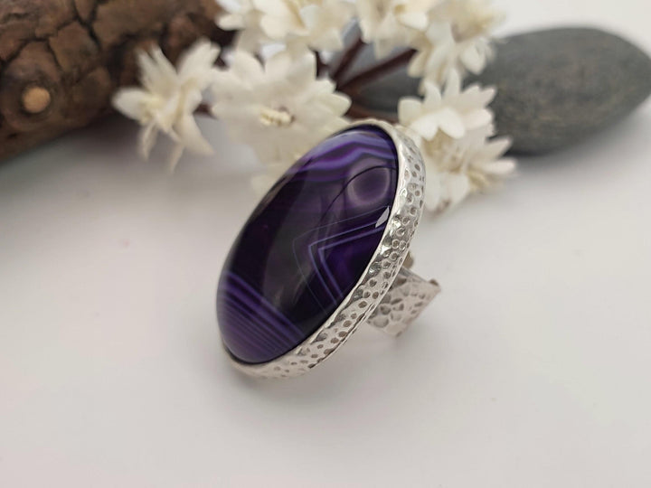 Statement ring, Purple Agate adjustable antique silver ring, Large unique gemstone ring