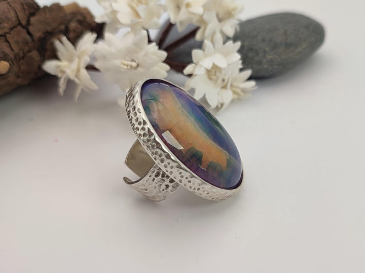 Agate statement ring, Large gemstone ring, Multicoloured natural stone ring, Adjustable ring